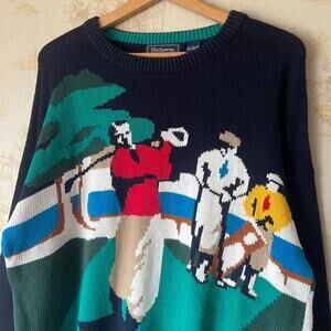 Vintage 90s Hathaway Intarsia Golf Sweater | 100% Cotton Knit | Size Large